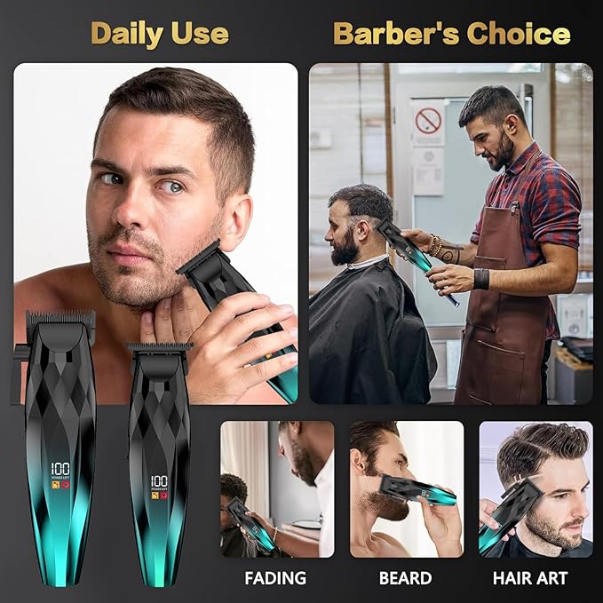 WAIKIL Hair Clipper and Trimmer Set for Men, Rechargeable Cordless Barber Kit with LED Display, Professional Grooming Tools for Hair and Beard，Green
