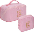 2026 Graduation Gifts - Travel Makeup Bag for Women, 2Pcs Portable Personalized Initial Makeup Organizer Bag, Open Flat Large Cosmetic Bag With Travel Essential Pouch (Pink Letter E)