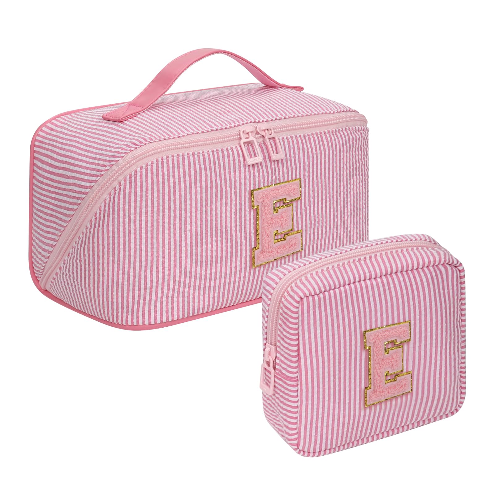 2026 Graduation Gifts - Travel Makeup Bag for Women, 2Pcs Portable Personalized Initial Makeup Organizer Bag, Open Flat Large Cosmetic Bag With Travel Essential Pouch (Pink Letter E)