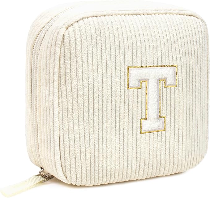 Cute Makeup Bag for Women - Monogram Personalized Initial Makeup Bags Cosmetic Pouch Make Up Case for Women Her Best Friend Friendship Sister Teacher, Birthday Gifts for Women (Letter T, Beige)