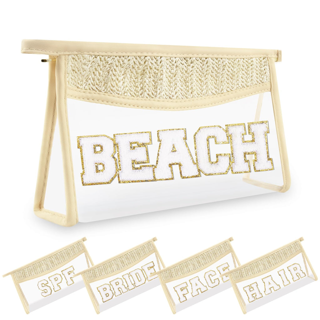 Small Boho Straw Clear Beach Makeup Bags for Women&Girls, Zipper Cosmetic Bag Chenille Varsity Letter Patch Bag, Preppy Cute Toiletry Pouch, Trendy Organizer Storage Bag for Beach Travel Essentials
