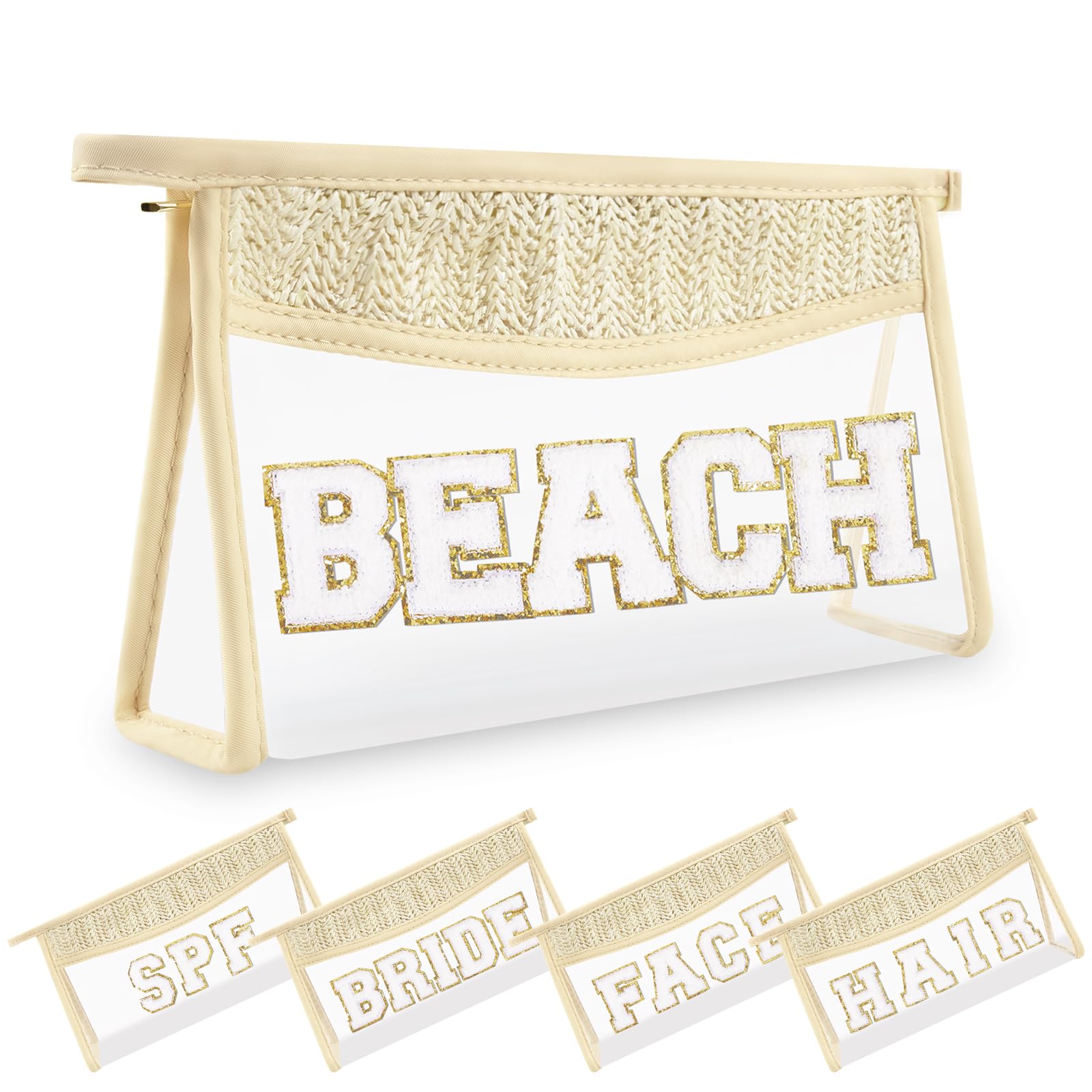 Small Boho Straw Clear Beach Makeup Bags for Women&Girls, Zipper Cosmetic Bag Chenille Varsity Letter Patch Bag, Preppy Cute Toiletry Pouch, Trendy Organizer Storage Bag for Beach Travel Essentials