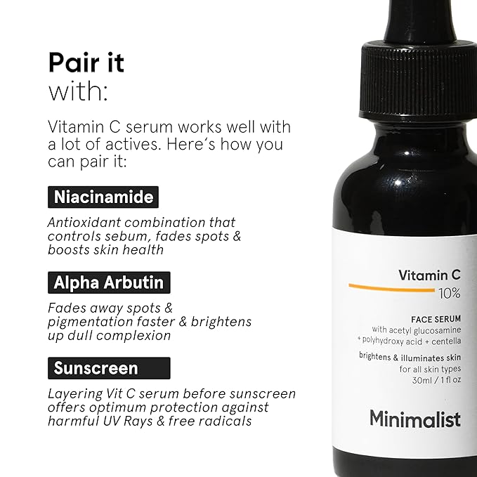 Minimalist 10% Advanced Vitamin C Serum for Glowing Skin | Brightening & Dark Spot Treatment | Treats Uneven Skin Tone, Dullness & UV Damage | Daily Face Serum (Stable Vitamin C) | 30ml/1 FL Oz