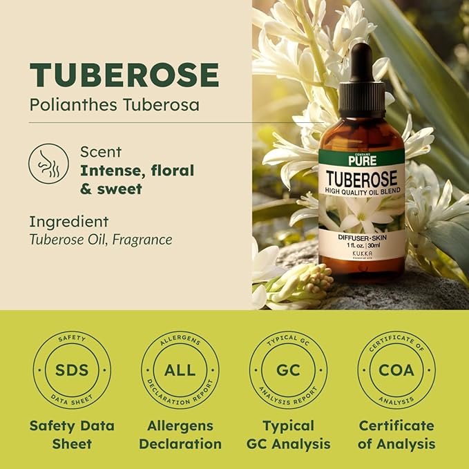 100% Pure Tuberose Oil - 1 Fl Oz Tuberose Essential Oil for Hair, Skin, Diffuser, Aromatherapy & DIY Soap Making Scent
