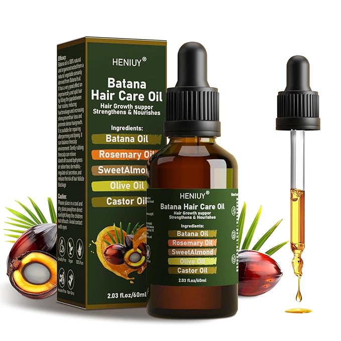 HENIUY Battana Hair Care Oil – 2Fl Oz Natural Rosemary & Sweet Almond Oil Blend for Hair Growth & Repair – Organic, Vegan, Cruelty-Free – Lightweight, Non-Greasy Formula for Women & Men