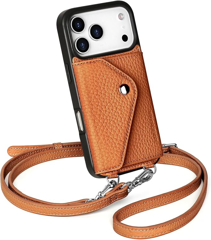 LUCKYCOIN Crossbody Phone Case for iPhone 17 Pro,100% Genuine Leather Phone Wallet Case for Women, Premium Hands-Free Phone Purse with Expandable Flip Card Holder & Adjustable Strap - Pebble Brown
