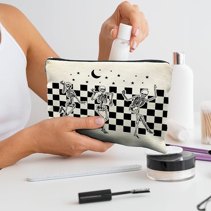 RYYCDOI Funny Gothic Skeleton Makeup Bag - Halloween & Witchy Pouch for Women - Dark Academia & Horror Design (White)