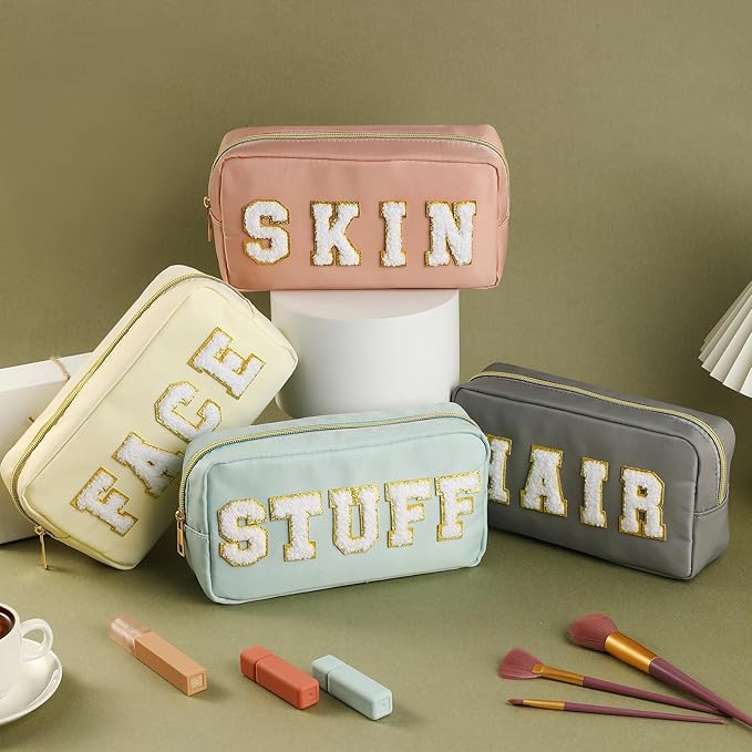 Cunno Preppy Makeup Bags Chenille Letter Stuff Bag Nylon Cosmetic Pouch Cases with Zipper for Women Travel Toiletry(Soft Color,Soft,4 Pcs)