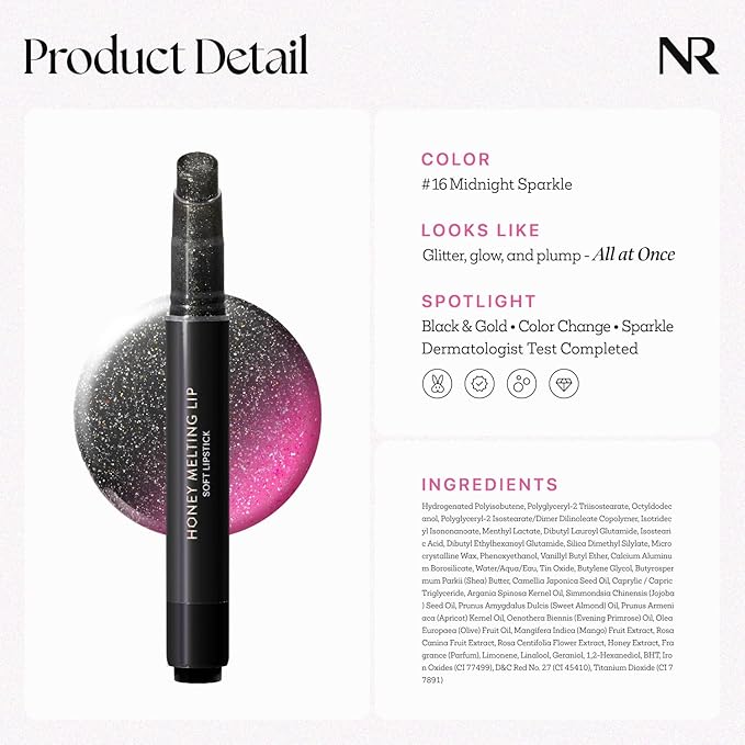Nature Republic HONEY MELTING LIP GLITTER & PLUMPING (16 MIDNIGHT SPARKLE) | SOFT LIP STICK Moisturizing Gloss, Volumizing formula, Color changing Sheer tint, Shine Glimmer Finish