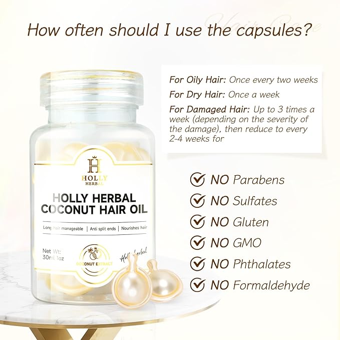 H HOLLY HERBAL Hair Oil - 30 Hair Care Capsules -Coconut Oil Hair with Jojoba, Olive, Macadamia Oils-Vitamins A, E, & Pro B5 - No-Rinse Hair Treatment for Women & Men