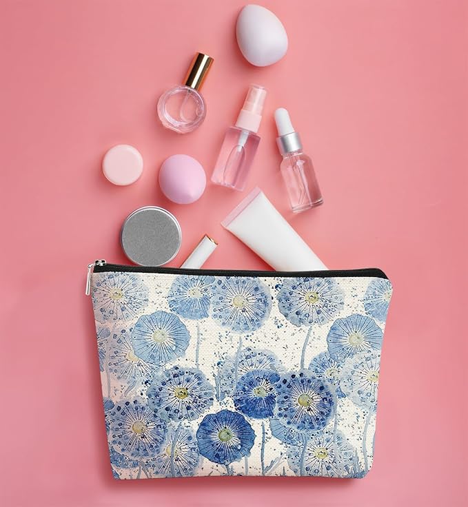 BARPERY Cottagecore Floral Makeup Organizer - Indigo Watercolor Dandelion, Aesthetic Flower Makeup Bag for Women & Girls