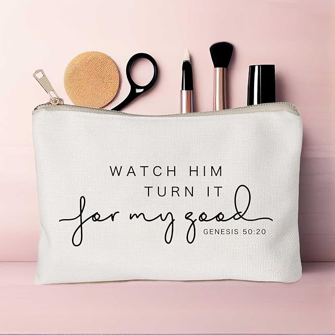 HubbgDesign Watch Him Turn It For My Good Makeup Bag Christian Quote Faith Bible Scripture Sayings Makeup Case Linen Cotton Travel Bag Makeup Pouch Sister Gift