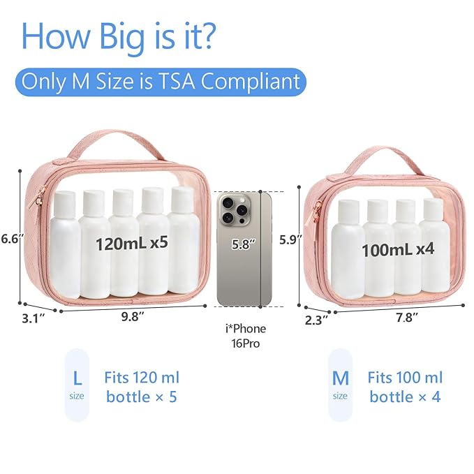 PACKISM Clear Makeup Bag Travel - TSA Approved Toiletry Bag, 2 Pack Pink