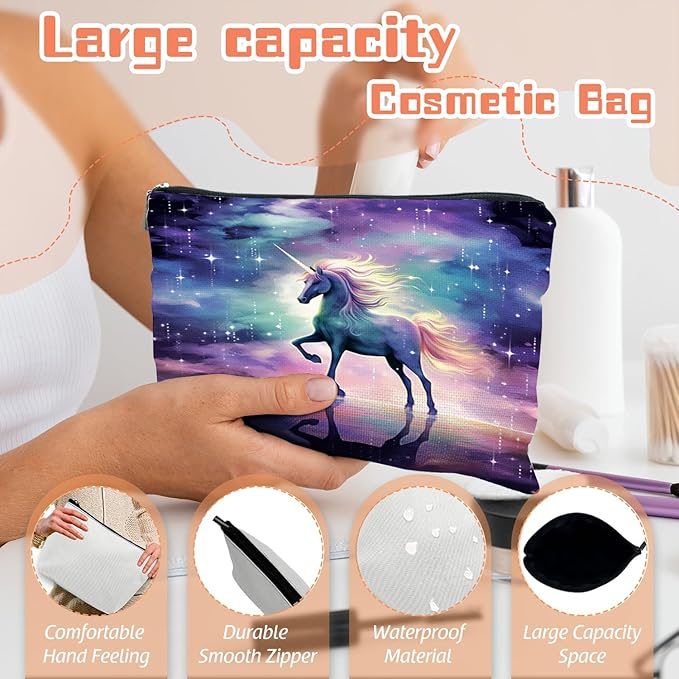 Scribesense Makeup Bag Travel Cosmetic Bags Small Makeup Case Waterproof Zipper Pouch for Women Girls 7X9inches - Unicorn in A Starry And Cloudy Background