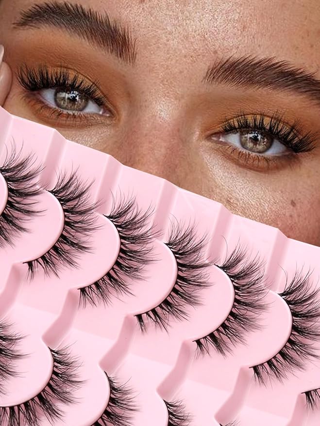 Lashes Natural Cat Eye Lashes Wispy Eyelashes 15mm False Eyelashes Wispy Lash Strips 3D Volume Fake Eyelash Thin Cotton Band Soft Eye Lash Pack 7 Pairs Siligli