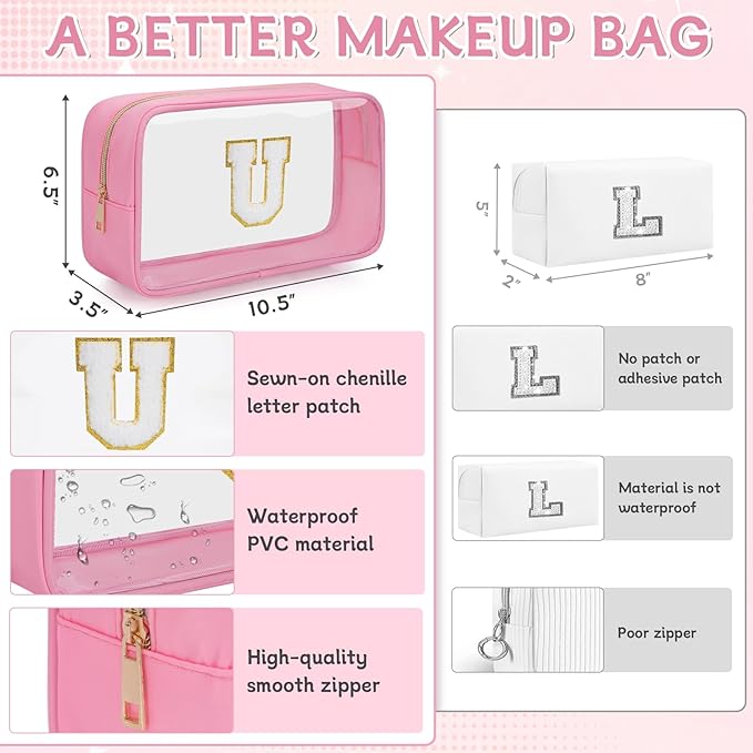 Personalized Initial Clear Makeup Bag, Travel Chenille Patch Cosmetic Bag, Preppy Toiletry Bag Monogram Cosmetic Pouch with Zipper, Ideal Gift for Teen Girls Women (Clear-Pink, U)