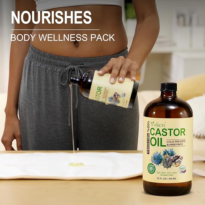 Yoken EWG Organic Castor Oil 32oz with Pump, Cold Pressed Hexane Free