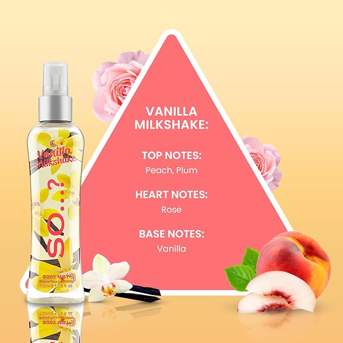 Vanilla Milkshake Body Mist by So...? - Vanilla Perfume with Peach, Plum, Rose Notes - Ideal Gifts for Women - Long-Lasting Perfume for Women - 3.5 oz