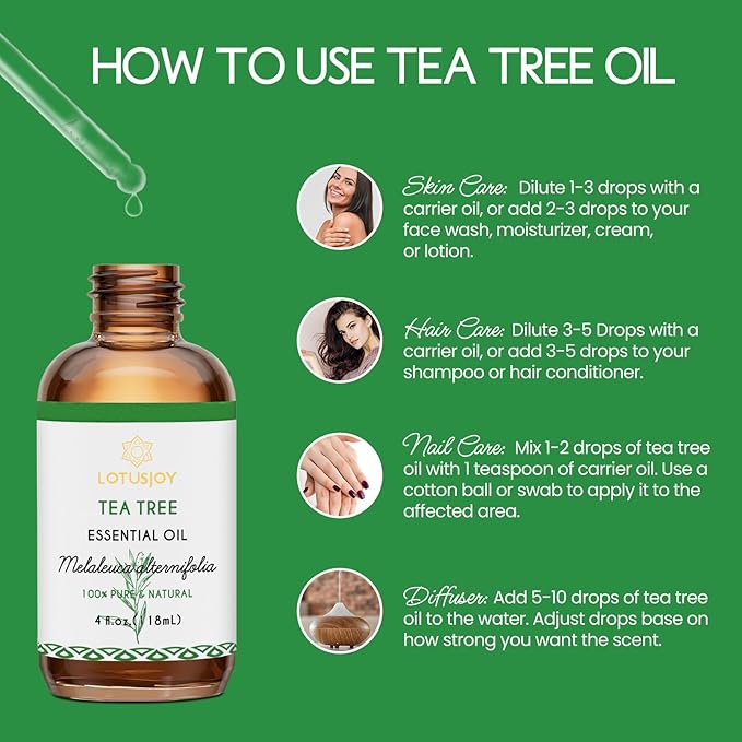 LOTUSJOY Tea Tree Oil for Skin, Hair, Nails, Foot Soak, Spray, 4 Oz