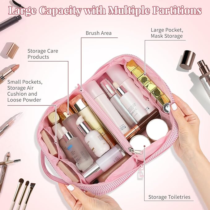 Travel Makeup Bag for Women, 2Pcs Portable Personalized Initial Makeup Organizer Bag, Open Flat Large Cosmetic Bag With Travel Essential Pouch (Pink Letter Y)