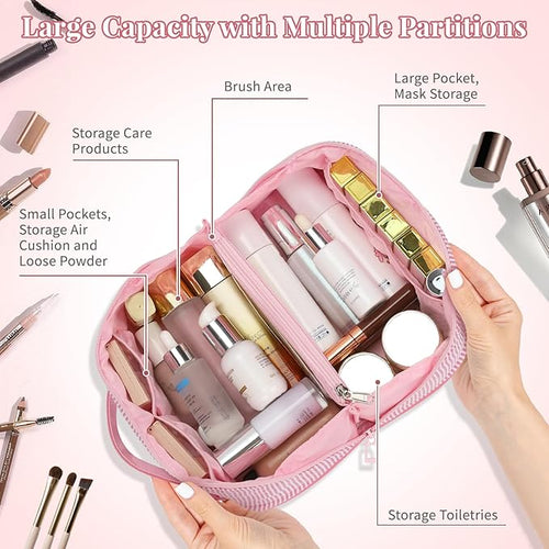 2026 Graduation Gifts - Travel Makeup Bag for Women, 2Pcs Portable Personalized Initial Makeup Organizer Bag, Open Flat Large Cosmetic Bag With Travel Essential Pouch (Pink Letter G)