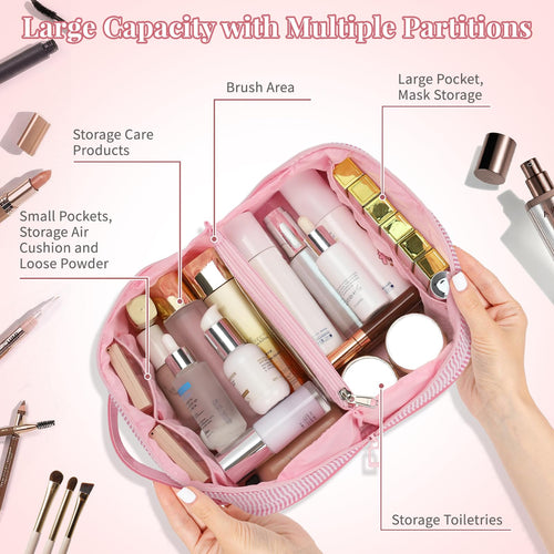 2026 Graduation Gifts - Travel Makeup Bag for Women, 2Pcs Portable Personalized Initial Makeup Organizer Bag, Open Flat Large Cosmetic Bag With Travel Essential Pouch (Pink Letter C)