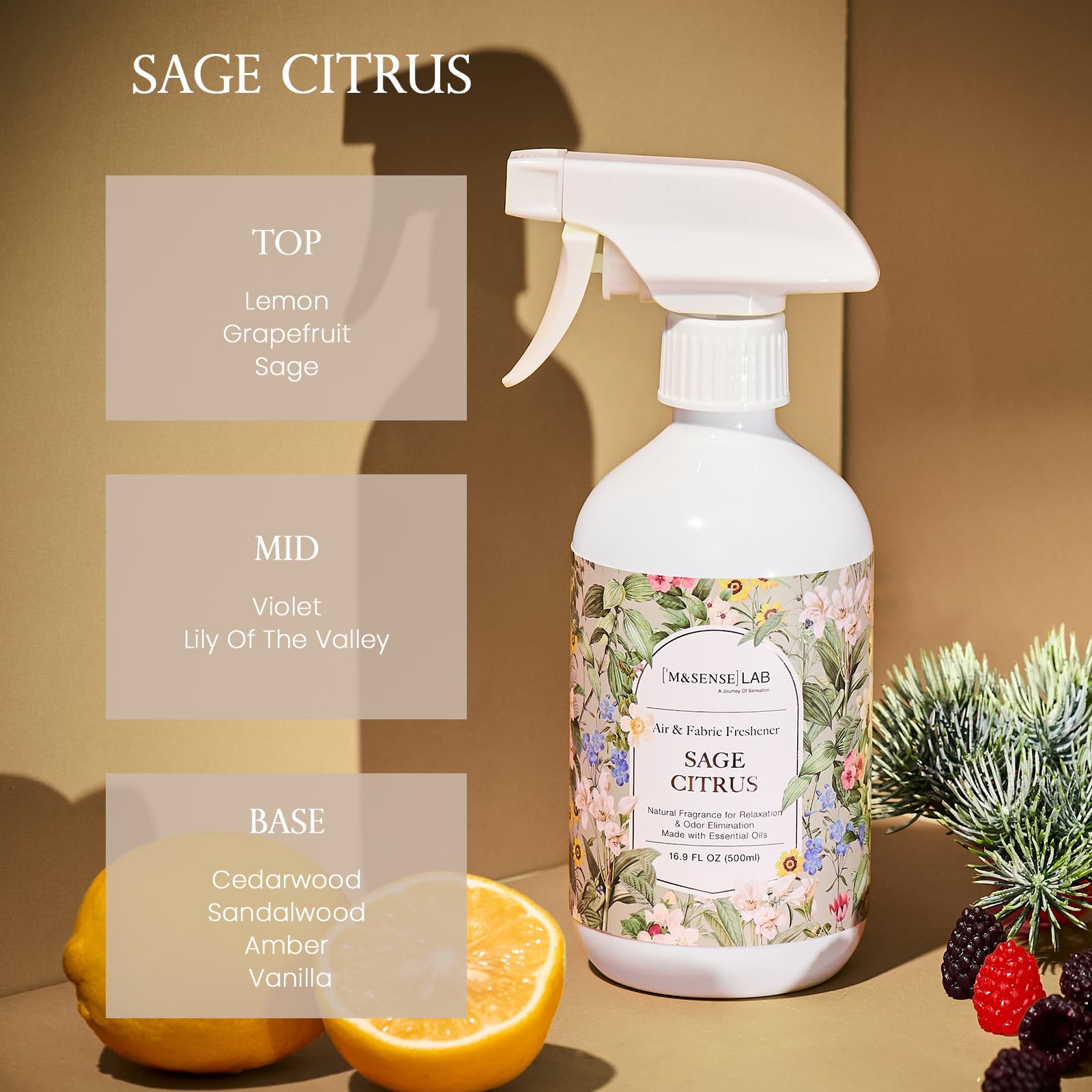 ‌M&SENSE Air & Fabric & Pet Odor Eliminator Spray - 16.9oz Large Size Natural Safe Air Freshener Sage Citrus Scented Deodorizer for Home Eliminates Smoke & Musty Smells, Ideal for ‌Balcony & Kitchen