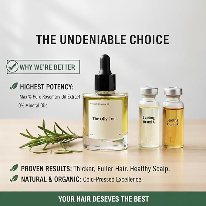 The Oily Tonic Rosemary Revival Oil – Premium Scalp & Hair Rejuvenation for Thinning, Dry, or Damaged Hair – 30% Rosemary + Squalane + Vitamin E – Nourish, Regenerate & Add Shine – 1.7oz
