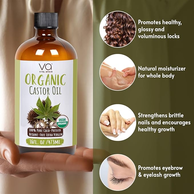 Castor Oil Organic Cold Pressed Glass Bottle 16oz For Hair Growth, Eyebrow