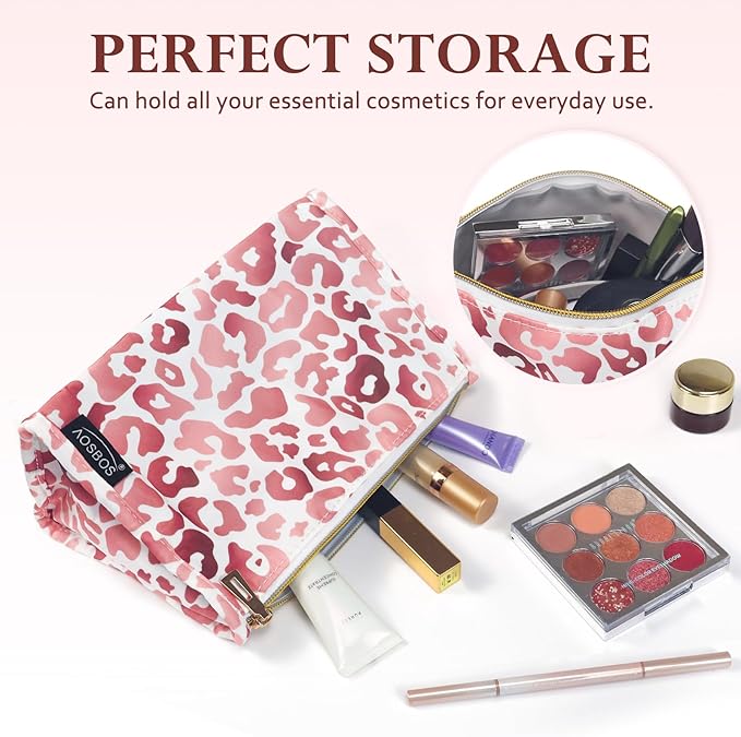 Aosbos Leopard Cosmetic Bag for Women, Travel Makeup Organizer Pouch