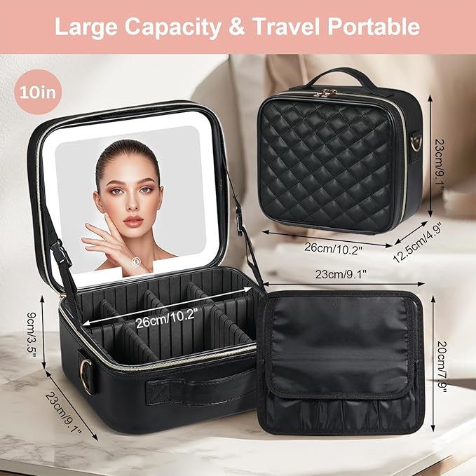 BEAUTY CASE Makeup Bag with Led Mirror, 10 Inch Portable Cosmetic Vanity Organizer Case with Adjustable Dividers, USB Charging, Large Capacity, Ideal for Travel, Gift for Women Girls, Black