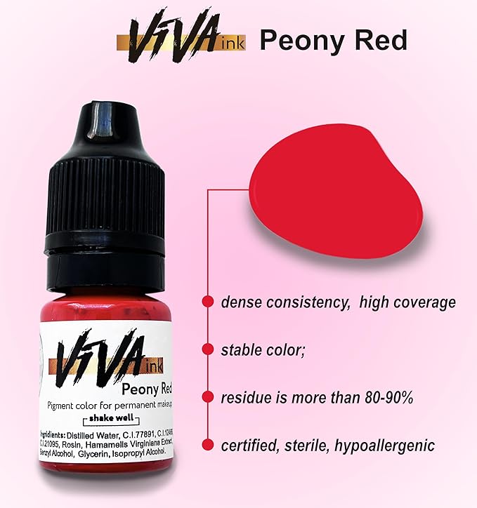 VIVA INK Lip Pigment – Peony Red – Permanent Lip Makeup – Microblading Ink for Durable and Colorful Lips – Long Lasting Color Lip Cosmetics (0.2 oz)