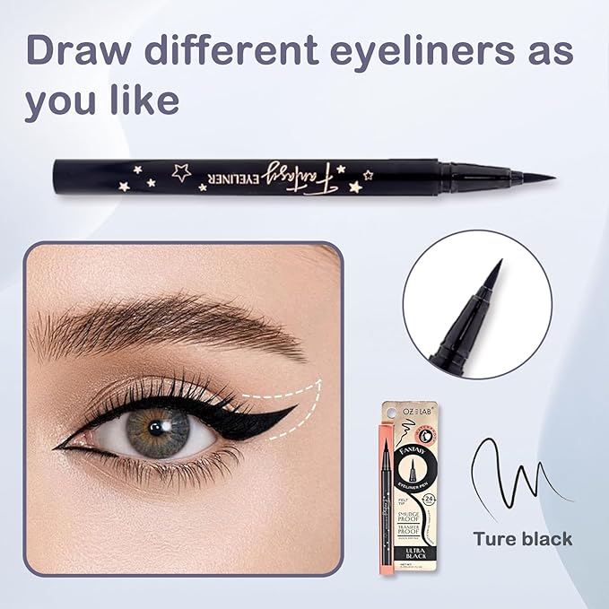 OZ LAB Beauty Fantasy Eyeliner Pen – Ultra-Fine Felt Tip, Waterproof & Smudge-Proof Liquid Eyeliner, 24H Long Wear, Jet Black, Quick-Drying, Cruelty-Free, 0.01 FL.OZ/0.4 ML
