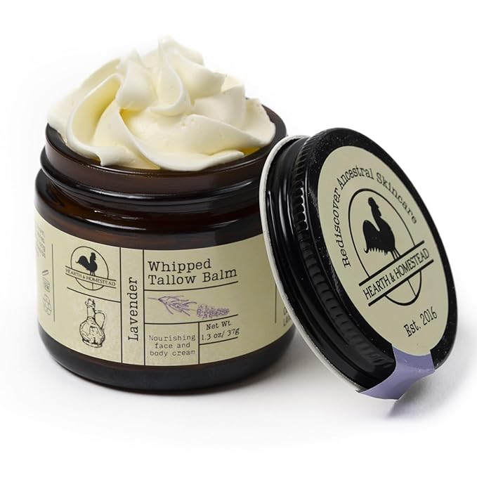 Hearth & Homestead Whipped Beef Tallow for Skin & Face, 100% Grass Fed, Eczema Cream & Body Butter, Organic Olive Oil, Calendula & Rose, Lotion & Hand Moisturizer for Dry Skin, Lavender, 1.3oz