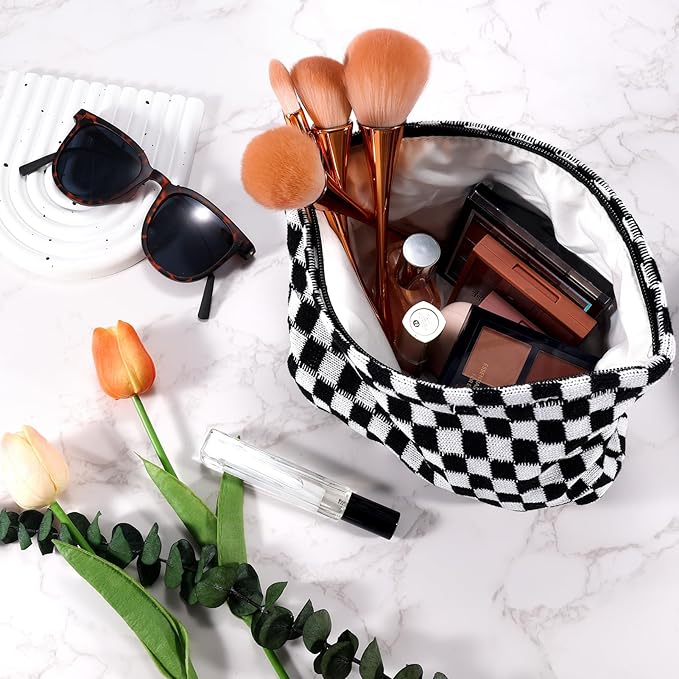 ZLFSRQ 2Pcs Checkered Makeup Bag for Women Large Small Travel Toiletry Bag Organizer Aesthetic Black Zipper Cosmetic Bags Cute Makeup Pouch for Purse Pencil Case Pencil Pouch Skincare Storage Bags