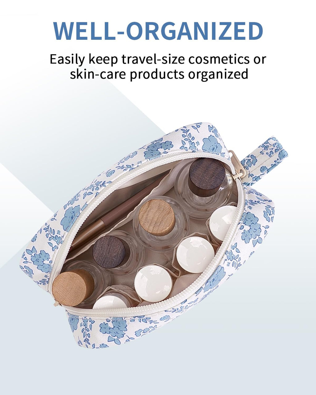 Narwey Small Makeup Bag for Purse Travel Makeup Pouch Mini Cosmetic Bag Zipper Pouch for Women (Blue Flower, Small)