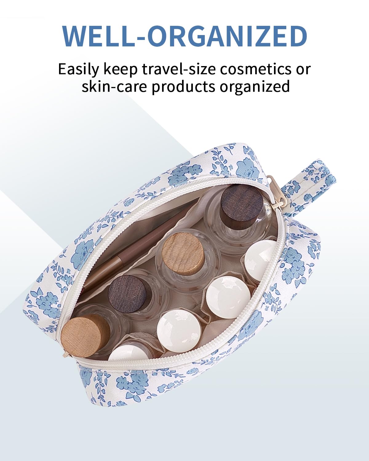 Narwey Small Makeup Bag for Purse Travel Makeup Pouch Mini Cosmetic Bag Zipper Pouch for Women (Blue Flower, Small)