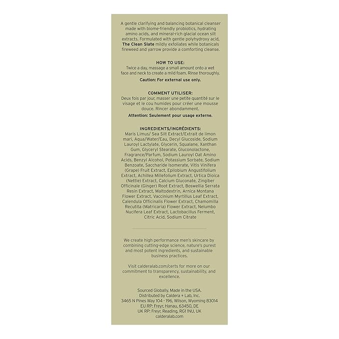 Caldera + Lab The Clean Slate | Men's Gentle Facial Cleanser, 3.3 Fl Oz