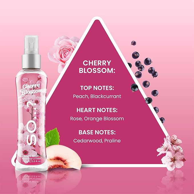 Cherry Blossom Body Mist by So…? - Floral Perfume for Women - Peach, Rose, Cedarwood Notes - Body Spray for Women - Gifts for Women - 3.5 oz