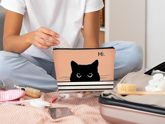 BARPERY Cute Cat Cosmetic Bag, Black Kitty Gifts for Cat Lovers, Makeup Pouch for Women (Peach-1)