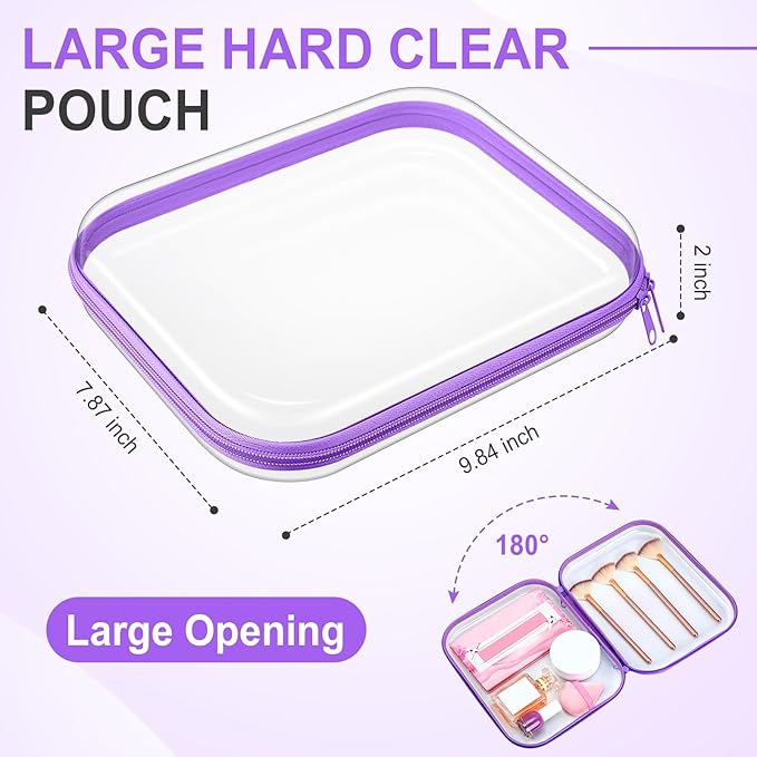 Sanwuta 6 Pcs Clear Hard Zipper Case Plastic Zipper Pouches Transparent Makeup Bag Pencil Case Pouches Toiletry Diaper Bag for Travel Toy Storage Organizer Bins(Purple,9.84 x 7.87 x 2 Inch)