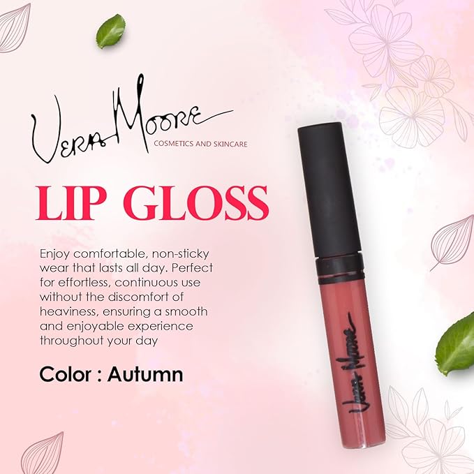 VERA MOORE COSMETICS AND SKIN CARE Lip Gloss, Moisturizing Lip Color with Shimmer for Long Lasting Shine, Lightweight Lip Stain, Girls Non-Sticky Lip Gloss with Aloe Vera, W/Vitamin C, E (Autumn)