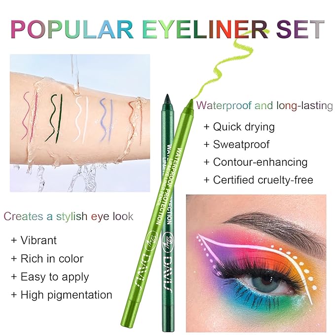 Meilury 3 Colorful Eyeliner Pen Set, Eye Shadow Pencil, Pearl Eyeliner Kit Metallic Glitter Colored Eye liner for Women Eye&Lip Liner Professional Waterproof Eye Makeup (3PCS A)