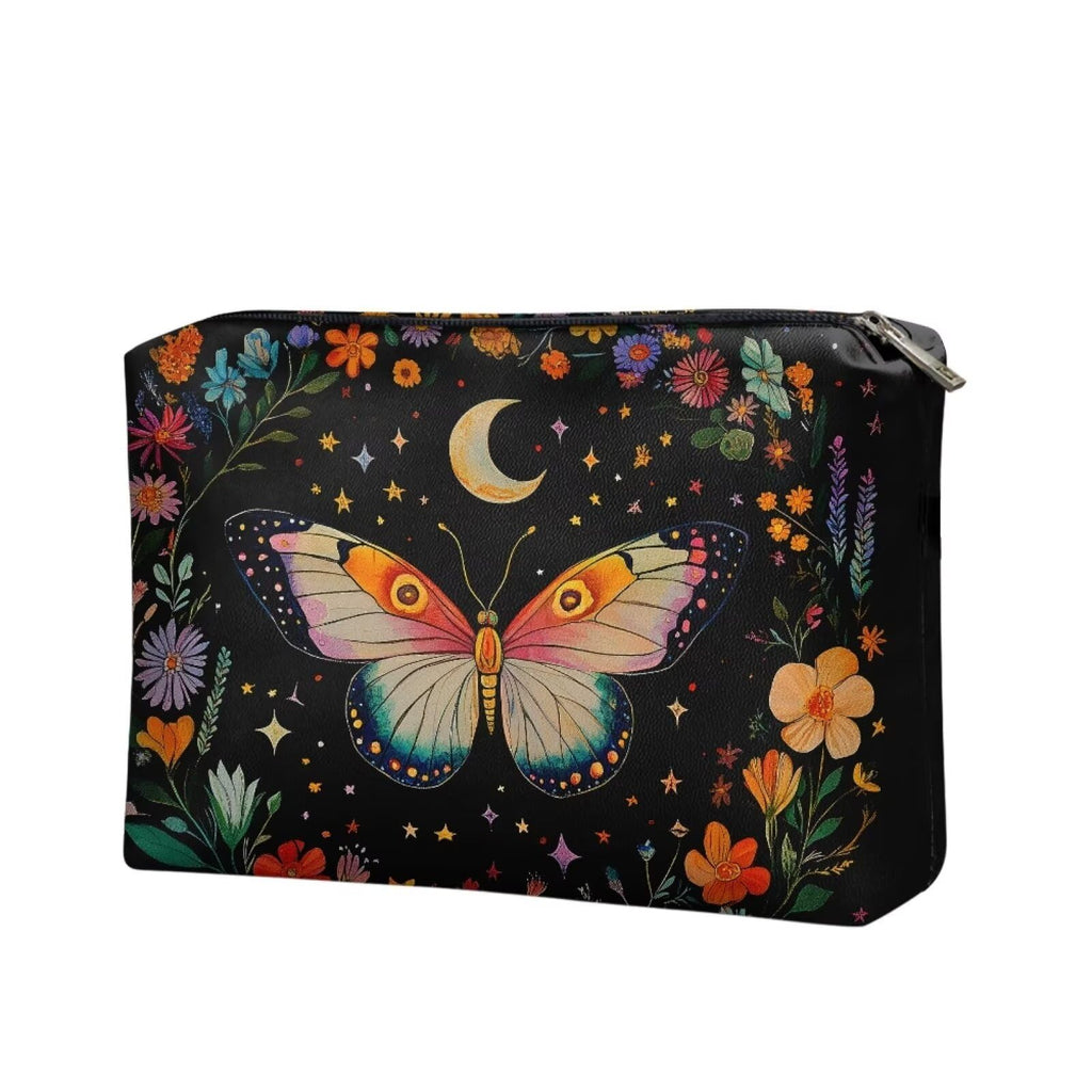 COEQINE Gothic Cosmetic Purses Leather Case for Women Trendy Butterfly Moon Goth Cosmetic Bags for Women Travel Black Floral Makeup Organizer Pouch With Zipper