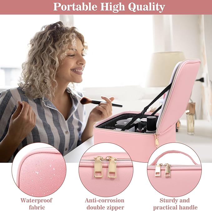 Comeacross Makeup Case with LED Mirror,Makeup Organizer Bag Travel Makeup Case Large Makeup Bag With Rechargeable Mirror 3 Color Lights Detachable Mirror for Women Beauty Tools Accessories（Pink）