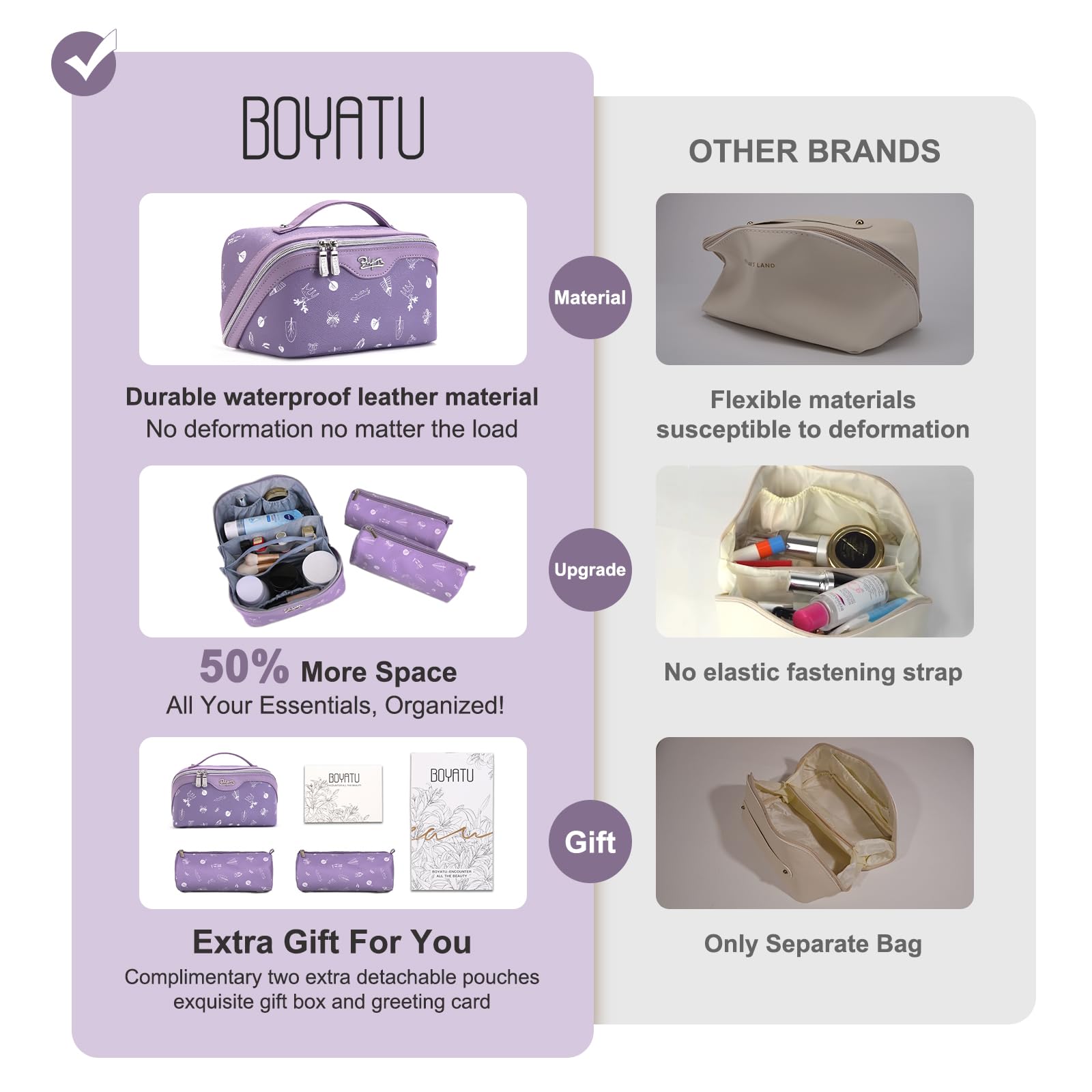 BOYATU Travel Makeup Bag Cosmetic Bags for Women: 3 Pcs Set Portable Make up Bag with Handle - PU Leather Toiletry Bags with Compartments - Makeup Organizer for Travel Essentials(L-3-Purple)