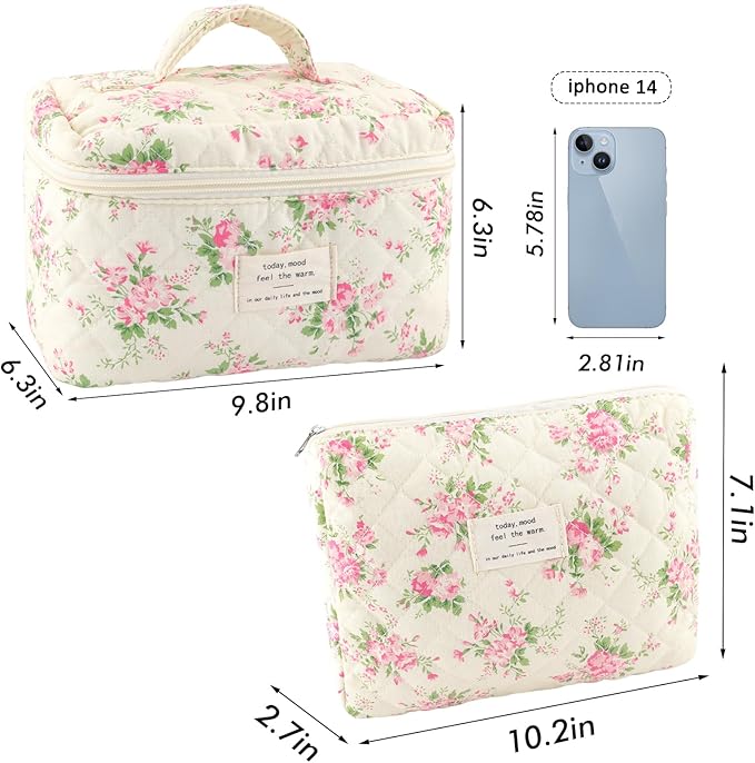 URSKYTOUS 2Pcs Cotton Quilted Makeup Bag for Women Extra Large Small Travel Cosmetic Bag Set Cute Pink Floral Print Makeup Pouch Portable Toiletry Bag Organizer Coquette Vintage Puffy Travel Essential
