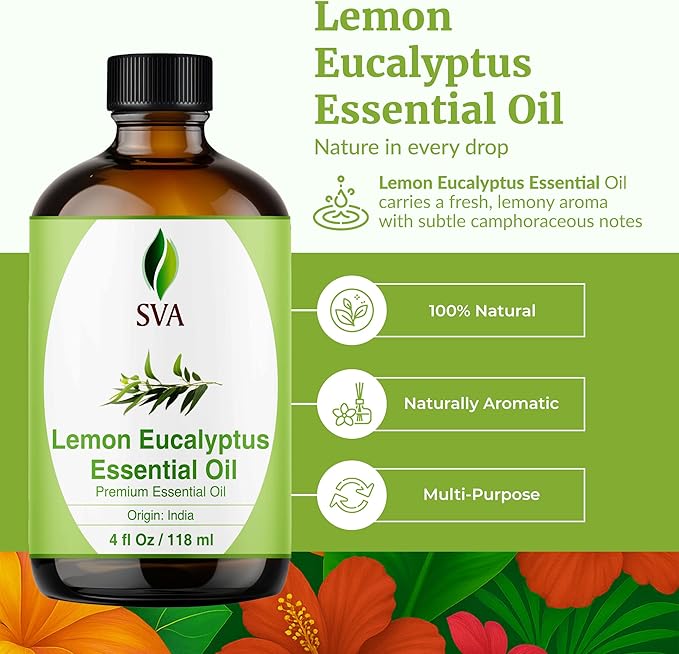 SVA Lemon Eucalyptus Essential Oil 4 Fl Oz – for Diffuser, Skin & Hair Care – Ideal for Massage & DIY Blends - with Dropper