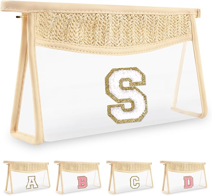 UIXIZQ Personalized Initial Letter Bag Boho Straw Clear Makeup Bag,Small Cute Chenille Varsity Letter Bag With Zipper,Beach Travel Toiletry Bag,Portable Monogrammed Cosmetic Bag for Women Girls,S