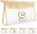 UIXIZQ Personalized Initial Letter Bag Boho Straw Clear Makeup Bag,Small Cute Chenille Varsity Letter Bag With Zipper,Beach Travel Toiletry Bag,Portable Monogrammed Cosmetic Bag for Women Girls,S